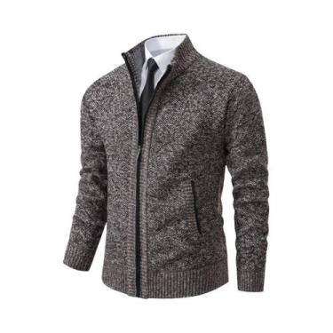 Imagem de Cardigã Masculino De Fleece Quente Com Zíper, Cor Sólida, Gola Alta, C