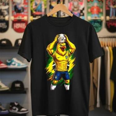 Imagem de Camiseta Masculina Preta Brasil Mascote Seleção Estampa Canarinho Camisa Esportes Verde...