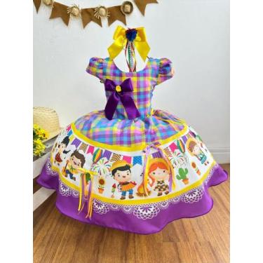 Imagem de Vestido Infantil Junino Luxo Xadrez Lilás Fogueira Festa São João (011