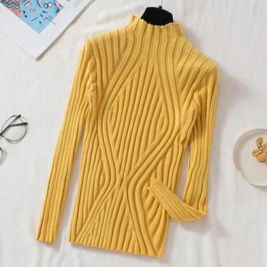 Imagem de Suéter Feminino Slim Fit De Tricô Gola Alta Pulôver Manga Longa Outono