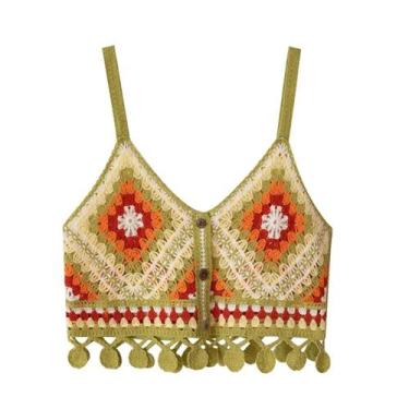 Imagem de Top Cropped Feminino Boho Com Franjas E Alças, Tricô Crochê Granny Squ