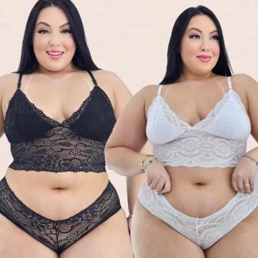 Imagem de Kit 2 Conjuntos Lingerie Plus Size Renda Sutiã Sem Bojo Calcinha Caleç