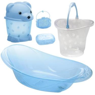 Imagem de Kit Banheira do bebê 5 Peças Adoleta Banheira 20l Lixeira Balde, Azul 