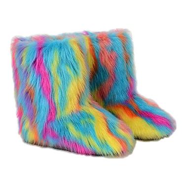 Imagem de TangDao Botas coloridas de pele sintética para mulheres, felpudo, felpudo, bico redondo, camurça, inverno, confortável, pelúcia, quente, curto, botas de neve, botas de cano médio para