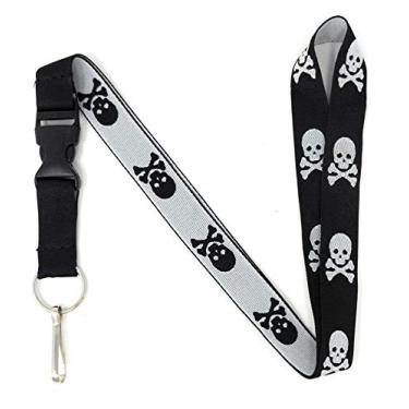 Imagem de Chaveiro de cordão de caveira e ossos cruzados e suporte de identidade com fivela destacável para chaves ou crachá - cordão de tecido preto e branco durável - Colar de esqueleto novidade