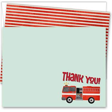 Imagem de Koko Paper Co Cartas de agradecimento para caminhão de bombeiros | 25 cartões e envelopes de notas planas | Impresso em porta-cartões pesado.