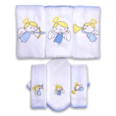 Imagem de Kit 6 Fraldas De Pano para Bebê Bordada (3 de Ombro + 3 De Boca) (Anjo Azul)