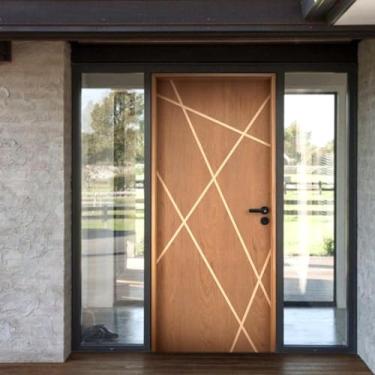 Imagem de Kit Porta de Madeira Frisada 215,5x86,5cm Batente 14cm Fechadura Digital Rodam Portas Marrom