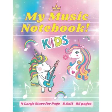 Imagem de Meu caderno de música com unicórnios - Bastão largo para crianças - 4 paus grandes por página - com símbolos musicais - Valor de notas - espaço para memorandos e deveres de casa: para crianças de 4 a