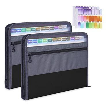 Imagem de MEGREZ Pasta expansível com 13 bolsos, pacote com 2 pastas de arquivo de papel A4 com etiquetas coloridas com zíper, organizador de pastas sanfonadas à prova d'água para escritório em casa, preto