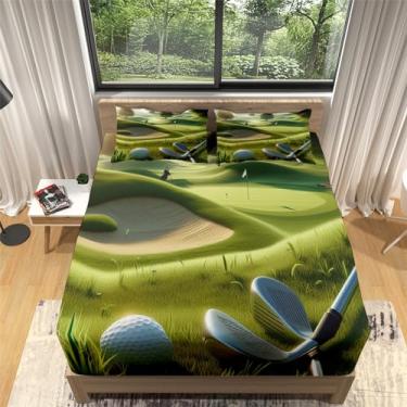 Imagem de Jogo de cama solteiro com bolso extra profundo, 3 peças, tacos de golfe, verde para colchão de 40,6 cm, lençol de elástico macio e ultraprofundo e 2 fronhas