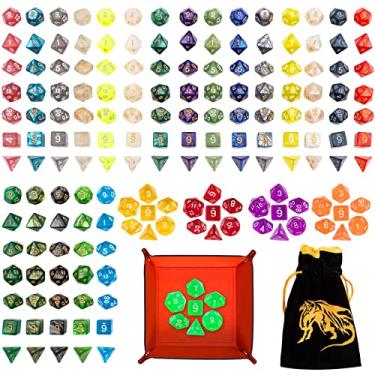 Imagem de 25 conjuntos de dados poliédricos DND Dungeons and Dragons Rolling Dice para RPG MTG Jogos de mesa em massa com sacos de cordão grátis e bandeja de dados D & D de couro PU (colorida)