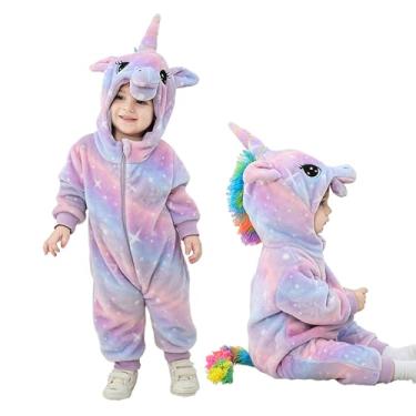 Imagem de LOLANTA Fantasias de unicórnio, Halloween infantil, macacão de lã com capuz, lindo macacão colorido, vestidos de Natal (roxo, 9 a 12 meses)