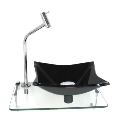 Imagem de Kit cuba de vidro quadrada 10mm preta com tampo 40cm incolor e suporte