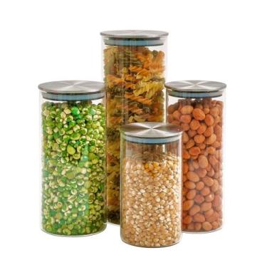 Imagem de Kit 4 potes de vidro com tampa inox hermético redondo - Tud, U, INOX