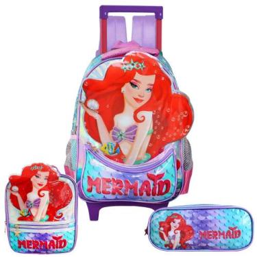Imagem de Kit Escolar Mochila Rodinhas Lancheira Estojo Sereia Ruiva - Denlex, V