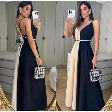 Imagem de Vestido Longo Alcinha Bicolor Com Bojo Verão - JOSY MODAS, Preto, M