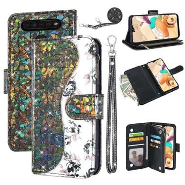 Imagem de Dibosom Capa carteira floral para LG K61/Q61/K51S/K41S com alça de pulso alça de ombro flip zíper bolsa porta-cartão, suporte de couro PU de luxo brilhante brilhante brilhante capa para celular K61