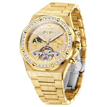 Imagem de OLEVS Relógio de pulso automático masculino com corda automática, mecânico, diamante de luxo, aço inoxidável, à prova d'água, luminoso, 9805: ouro