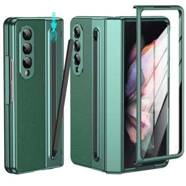 Imagem de YQODSZ Capa para Samsung Galaxy Z Fold 3 com suporte para caneta S e caneta Stylus, capa de couro premium Z Fold 3 com proteção de dobradiça, cobertura total, capa fina para Z Fold 3 verde