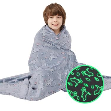 Imagem de Viviland Cobertor infantil que brilha no escuro, cobertores infantis de dinossauro para meninos, cobertor macio e leve de pelúcia de lã para sofá, cadeira, sofá-cama, presente para crianças, 127 x 152