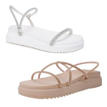 Imagem de Novo Hábito, Kit 2 Sandália Feminina Papete Tiras Strass Brilho Crystal Cor:Branco e Bege;Tamanho:40
