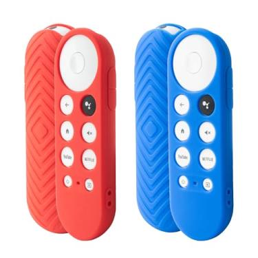 Imagem de Pacote com 2 capas para controle remoto compatível com Chromecast 2020 com Google TV Voice Remote, capa de silicone antiderrapante (azul e vermelha)