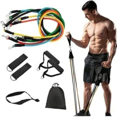 Imagem de Kit Elástico Extensor 11 Peças 100LB p/Treino Funcional, Força, Academia, Pilates e Musculação