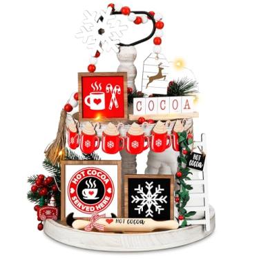 Imagem de Conjunto de decoração de bandeja em camadas de 15 peças, decoração de mesa de cacau quente decoração de casa de fazenda placas de bloco de madeira rolo contas de madeira guirlanda decoração de inverno com cordão de luzes LED para decorações de cozinha de casa de natal