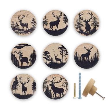 Imagem de Lasyman Puxador de gaveta de veado de madeira rústica 1,8 pacote com 8 unidades, vintage, bosque, alce, tema animal, armário de cozinha, móveis, puxadores de gaveta, puxadores