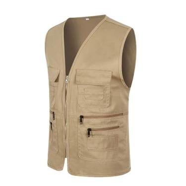 Imagem de Colete De Pesca Casual Masculino, Colete Sem Mangas Para Caça Ao Ar Livre Fotografia E Pesca Com Vários Bolsos, Jaqueta À Prova De Vento Com Zíper E Forro Da Moda, Para Escalada(Khaki,3X-Large)