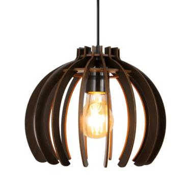 Imagem de Luminária Lustre Pendente Vazado Aletado MDF Madeira Rustico (café)