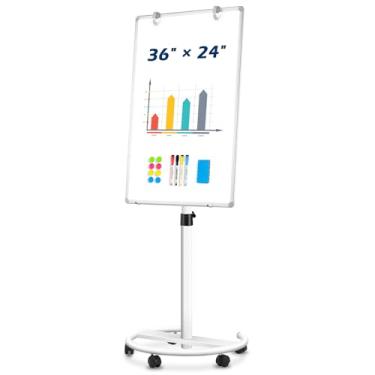 Imagem de QUEENLINK Quadro branco móvel, quadro branco magnético 91 x 61 cm com suporte, cavalete flip chart ajustável em altura, quadro branco apagável a seco para escritório, ensino