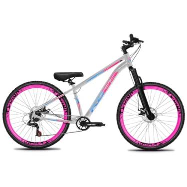 Imagem de Bicicleta Aro 26 Rebaixada Freeride para Grau, Quadro em Alumínio, Relação 1x7, Aros Vmaxx Coloridos, Pedivela 34D, Suspensão 80mm,Prata Rosa