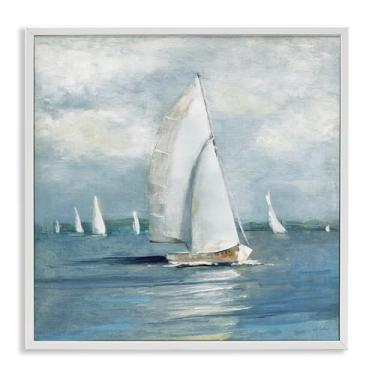 Imagem de Stupell Industries Design de arte giclée emoldurado branco de barco à vela de cruzeiro por Sally Swatland, 61 x 61 cm