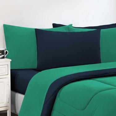 Imagem de Kit Edredom Malha 100% Algodão Gran Moratta 2 Peças Solteiro - Verde Jade-azul Marinho