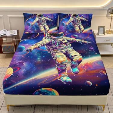 Imagem de AILONEN Jogo de lençol solteiro com desenho animado astronauta, temática do espaço sideral galáxia, astronauta, planetas sonhadores, lençol com elástico e 2 fronhas, 3 peças