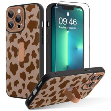 Imagem de OOK Capa para iPhone 13 Pro Max com protetor de tela, linda estampa de vaca com alça de dedo ajustável, proteção total para mulheres e homens, capa de telefone - marrom