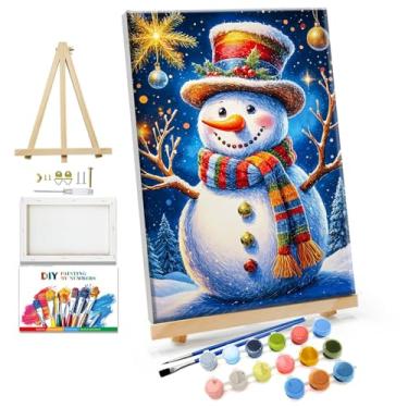Imagem de JOOZ Kit de pintura de Natal por números para adultos, boneco de neve emoldurado por número, com cavalete de árvore de Natal por número, com moldura, faça você mesmo, kits de pintura a óleo de bola de