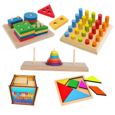 Imagem de 5 Brinquedos TORRE DE HANÓI + PINOS DE ENCAIXE + TANGRAM + FORMAS GEOMÉTRICA + ENCAIXE SE FOR CAPAZ.