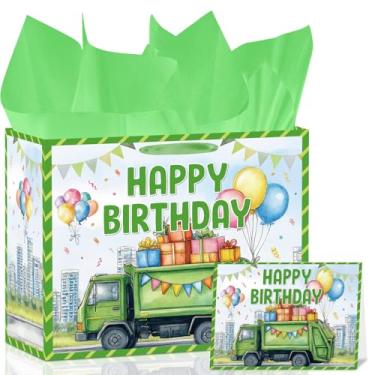 Imagem de Wxiben Decorações de aniversário de caminhão de lixo - Saco de presente de aniversário de caminhão de lixo, saco de embrulho de lembrancinha de festa com alça, cartão de felicitações de papel de seda