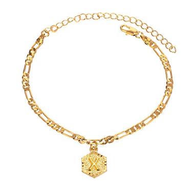 Imagem de Pulseiras de tornozelo com inicial para mulheres e homens, pulseira de ouro 18K prata fígaro elos cubanos tornozeleira para mulheres adolescentes, nome personalizado tornozeleira dourada com iniciais,