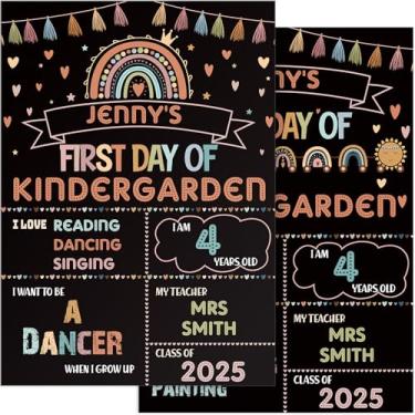 Imagem de Placa escolar do primeiro dia e último dia boho volta às aulas placa de escola quadro-negro primeiro dia foto adereço placa arco-íris 1º dia quadro de giz para crianças pré-escola placa de quadro-negro do jardim de infância, 33,8 x 23,8 cm