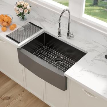 Imagem de Sarlai Pia de fazenda preta - Avental de 76 cm frontal para pia de cozinha 76 x 55 cm, pias de cozinha de fazenda, preta, de aço inoxidável, calibre 16, pia de tigela única profunda