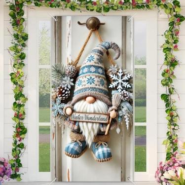 Imagem de BlissYard Capa de porta de Natal, guirlanda de boneco de neve de 89 x 188 cm, lanterna de prata azul, tema de inverno, faixa de porta de tecido de poliéster para entrada de casa elegante, decoração