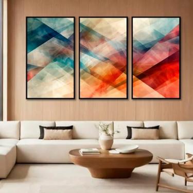 Imagem de Kit com 3 Quadros Decorativos 30x50 cm Abstrato Geometrico Retas com Moldura Retangular com 2cm de largura Preta, na posição Vertical, ideal para ambiente de Sala, Quarto e Hall. Tamanho dos quadros montados na parede 50x94cm.