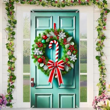 Imagem de BlissYard Capa de porta de guirlanda de Natal, decorações de bengala de doce, faixa de porta, pano de fundo festivo de poliéster, 89 x 188 cm, decoração de Natal para meninas ou meninos, decoração de