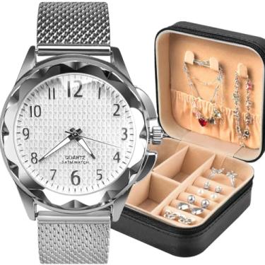 Imagem de Relogio Feminino Prova Dagua Prata Casual Silicone Aço Analogico Social Porta Joias Compacto Kit Varios Acessorios Inox Presente