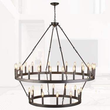 Imagem de HQZBPT Lustre rústico de roda de vagão de fazenda lustres grandes para tetos altos bronze polido a óleo 2 níveis 36 luzes 48 polegadas para sala de jantar sala de estar vestíbulo varanda cozinha ilha