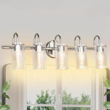 Imagem de GLAMIGHT Luminária de banheiro de níquel escovado - Arandela de vidro bolha de cristal com 5 luzes de 3 cores, iluminação de arandela de parede regulável para banheiro, sala de estar